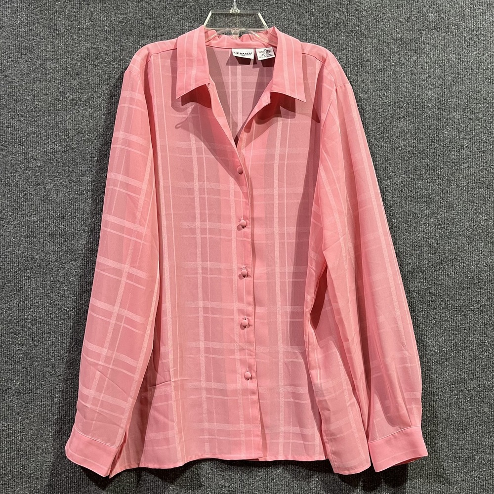 Vintage Liz Baker Shirt Womens 16 Pink Semi Sheer Windowpane Button‎ Up Retro